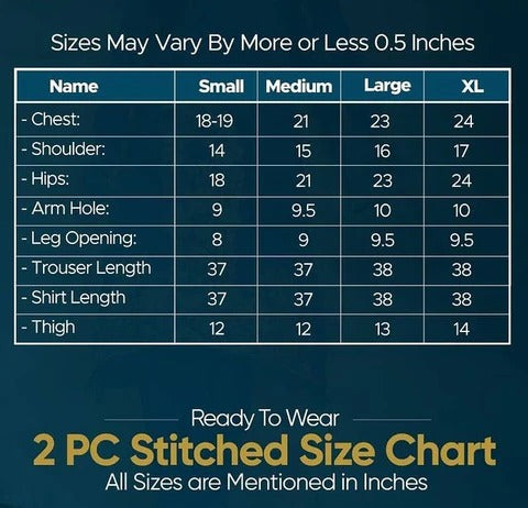 Size chart for Charm 2-Piece Dhanak Suit